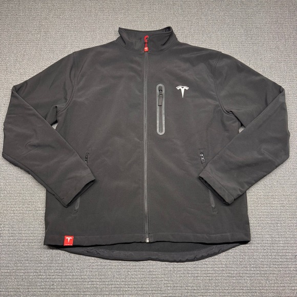 Tesla Motors Mens Black Softshell Full Zip Jacket Red Logo Embroidered Medium